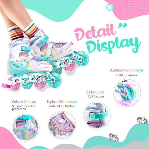 Sulifeel Kids A Rainbow Unicorn Inline Adjustable Light Up Wheels Skates - Picture 2 of 8